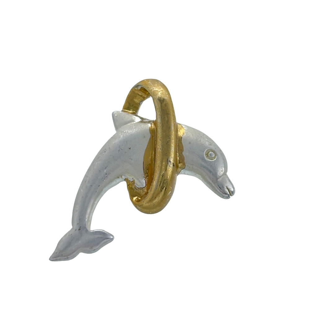 Vintage Sterling Silver 925 Dolphin Jumping Through A Gold Tone Hoop Pendant